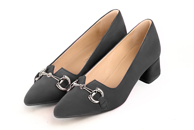 Dark grey women's dress pumps,with a square neckline. Tapered toe. Low flare heels. Front view - Florence KOOIJMAN